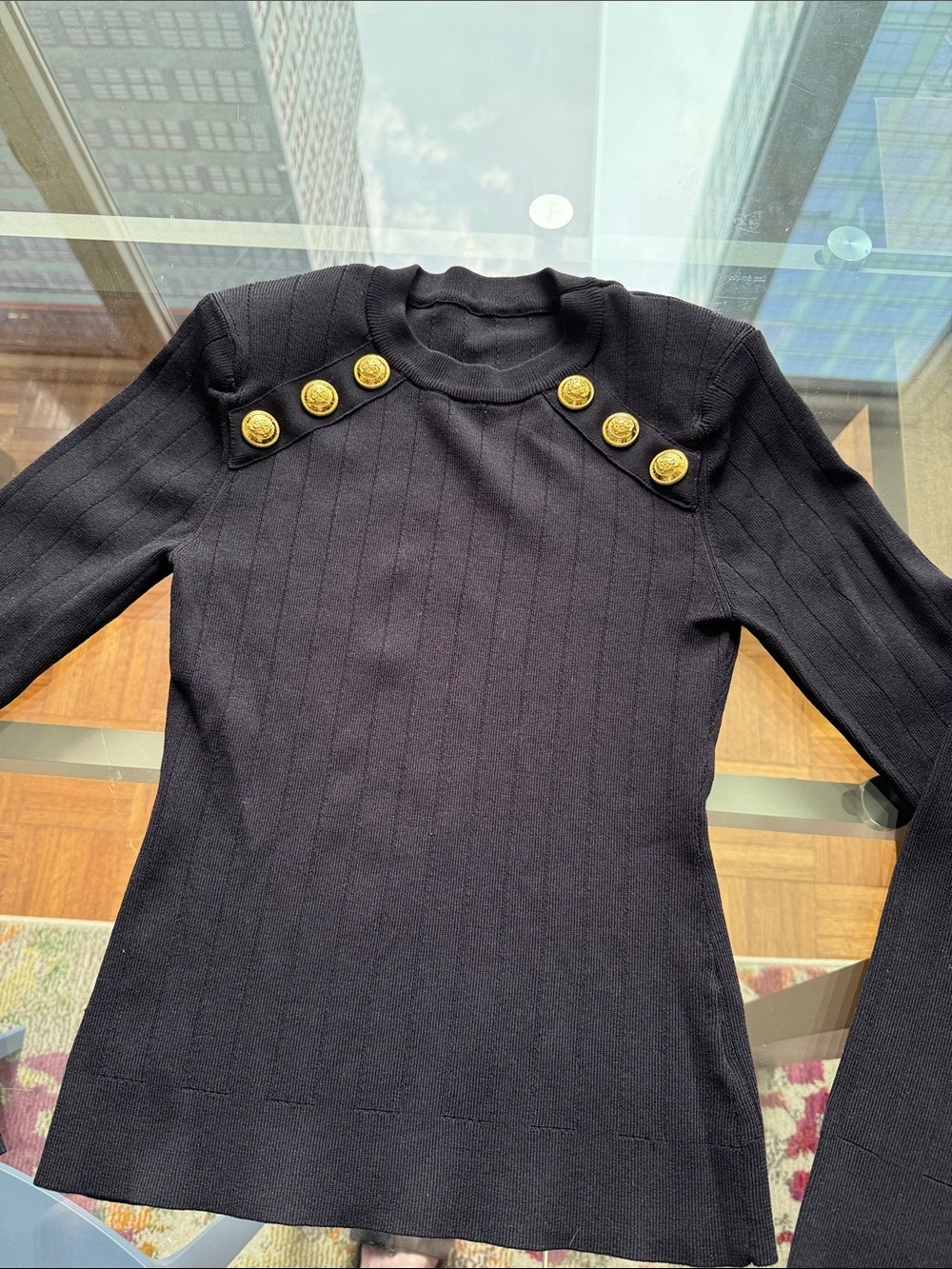 Woman’s Black Crew Neck Sweater with Gold Toned Buttons on Shoulder. Size S